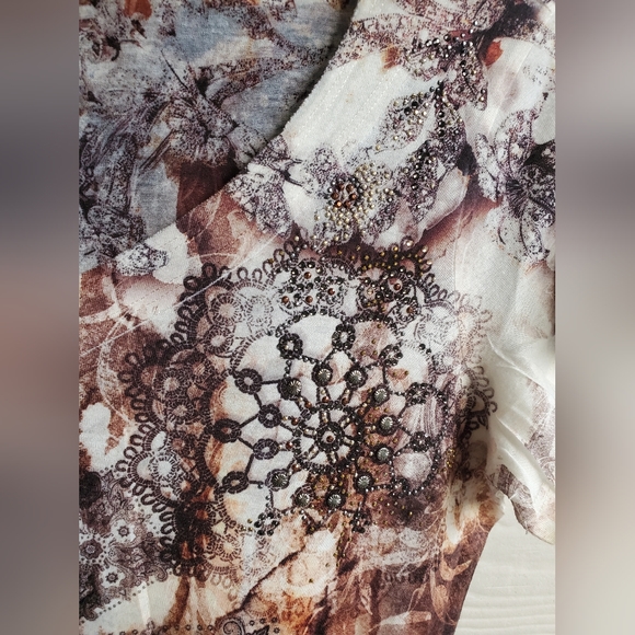 B.L.E.U Mixed Graphic Printed Steampunk Gears Embellished Burn-out Tee Tunic Top - Picture 4 of 12